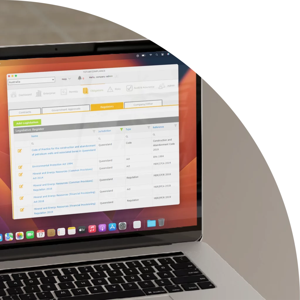 Regulatory legislation tasks generated and displayed within the Totum Compliance software interface, on a macbook.